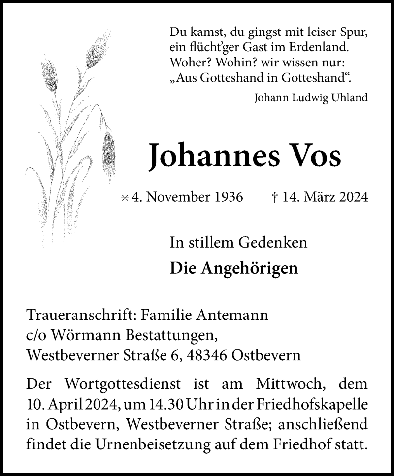  Traueranzeige für Johannes Vos vom 06.04.2024 aus 