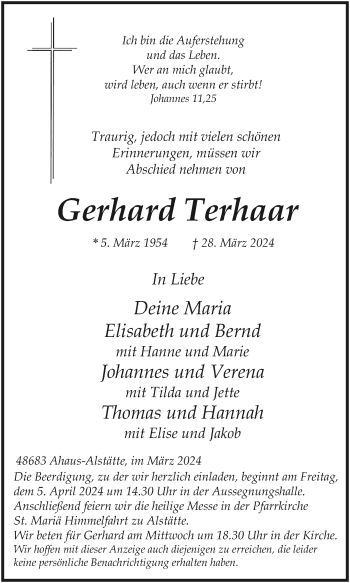 Anzeige von Gerhard Terhaar 