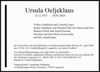 Anzeige von Ursula Oeljeklaus 