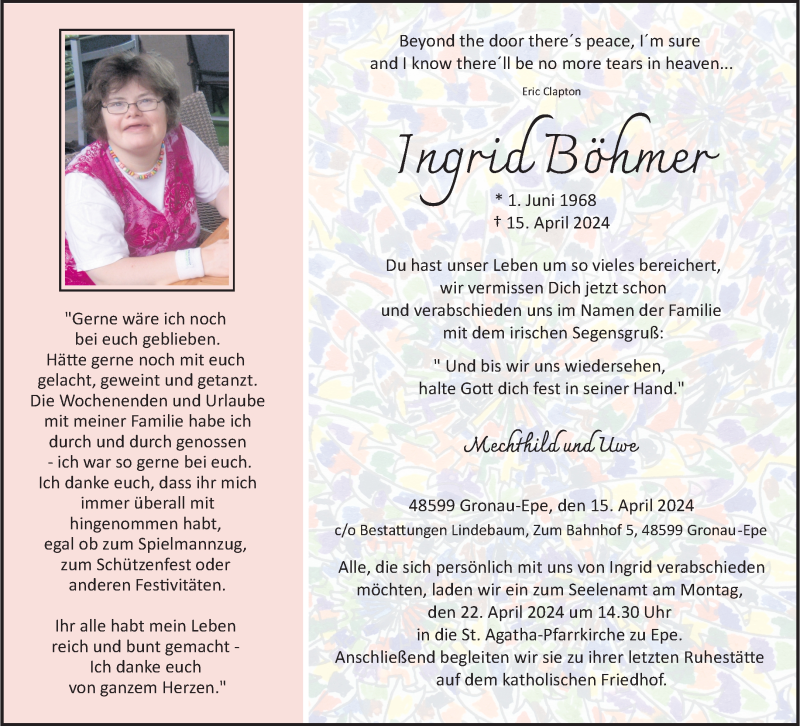  Traueranzeige für Ingrid Böhmer vom 18.04.2024 aus 