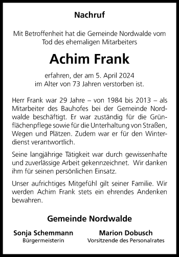 Anzeige von Achim Frank 