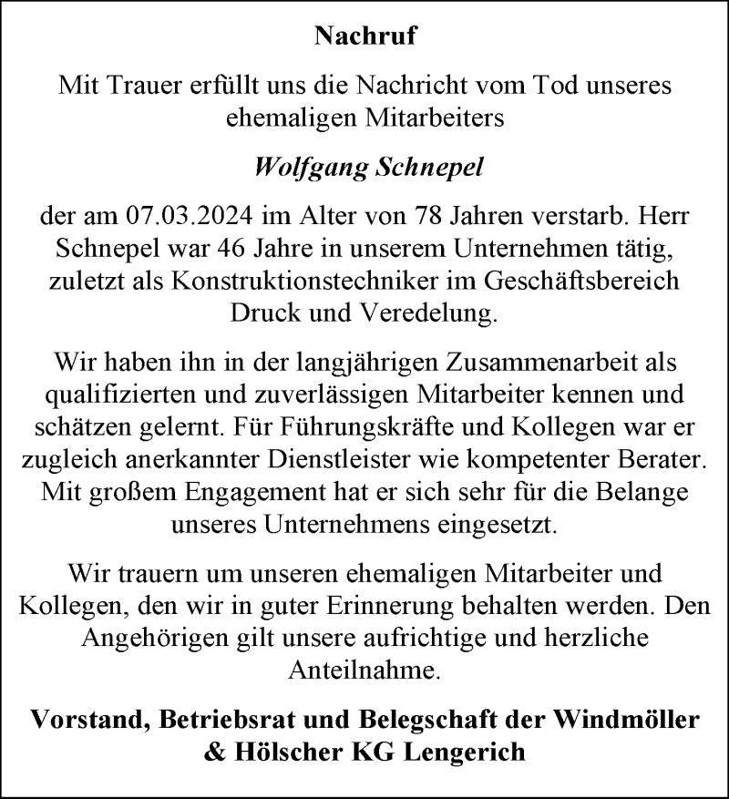  Traueranzeige für Wolfgang Schnepel vom 08.04.2024 aus 