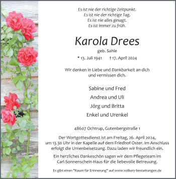 Anzeige von Karola Drees 