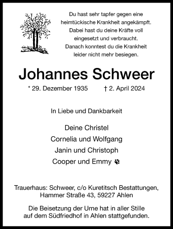 Anzeige von Johannes Schweer 