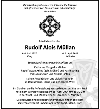 Anzeige von Rudolf Alois Müllan 
