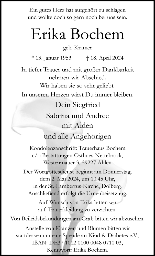  Traueranzeige für Erika Bochem vom 27.04.2024 aus 