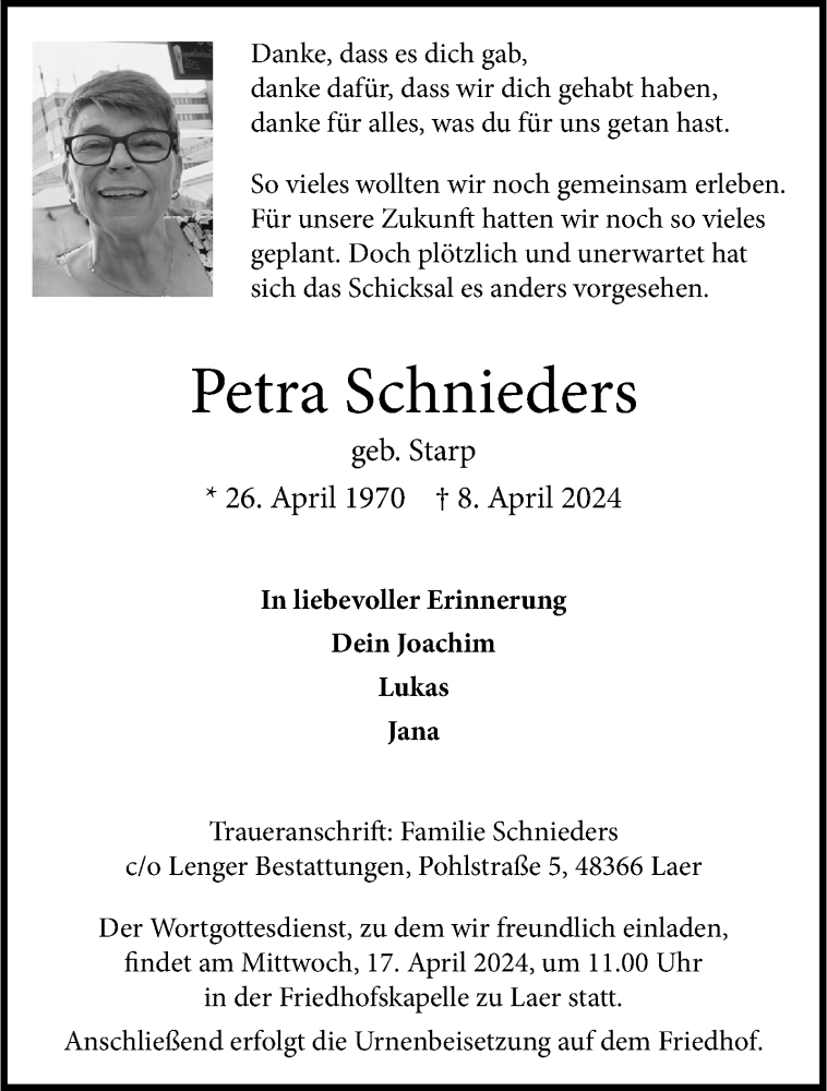  Traueranzeige für Petra Schnieders vom 13.04.2024 aus 