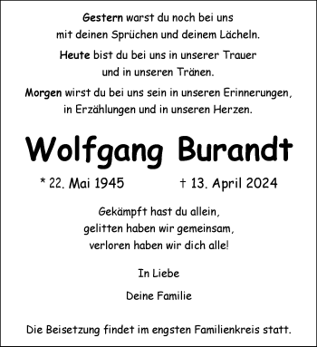 Anzeige von Wolfgang Burandt 