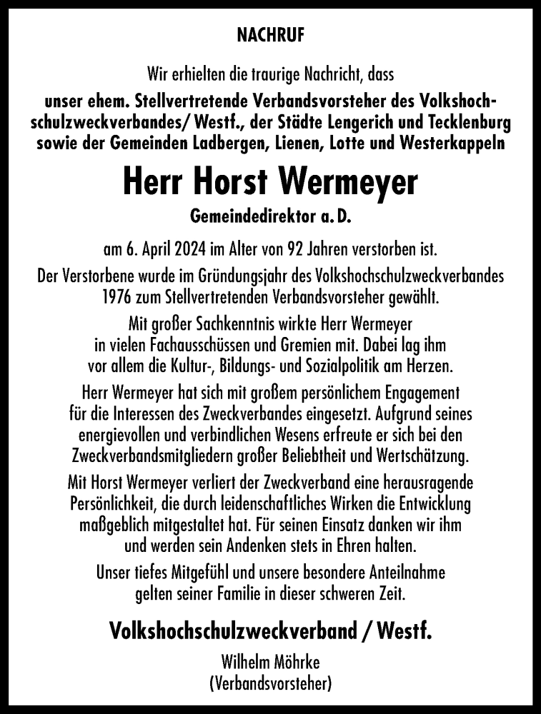  Traueranzeige für Horst Wermeyer vom 25.04.2024 aus 