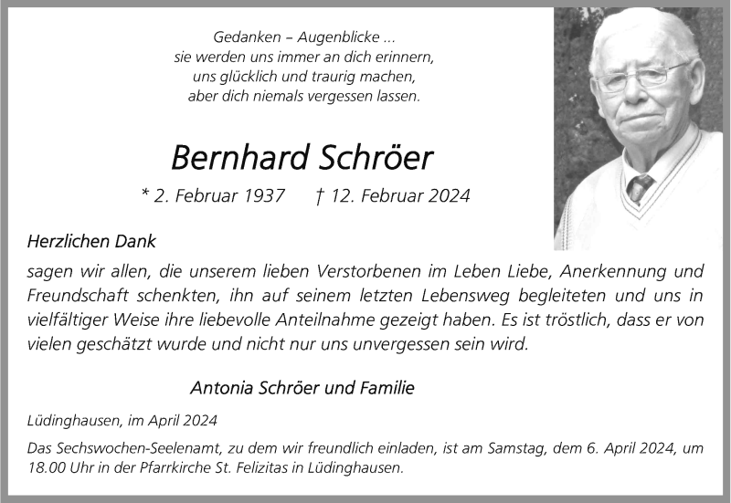  Traueranzeige für Bernhard Schröer vom 03.04.2024 aus 