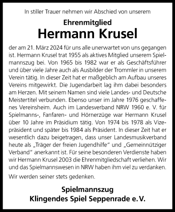 Anzeige von Hermann Krusel 