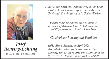 Anzeige von Josef Rensing-Löhring 