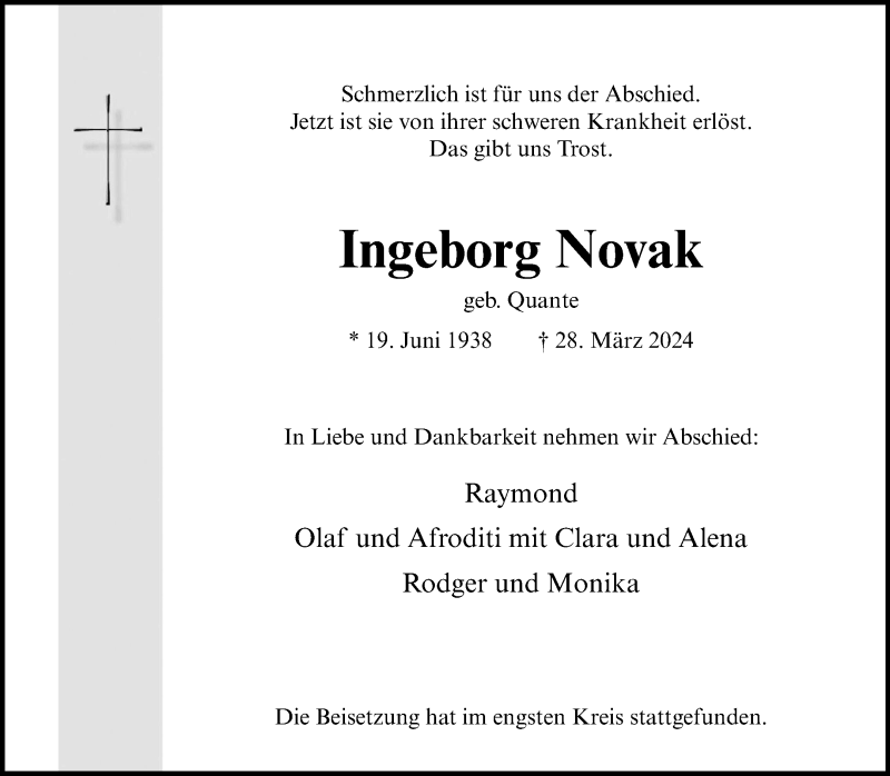  Traueranzeige für Ingeborg Novak vom 13.04.2024 aus 