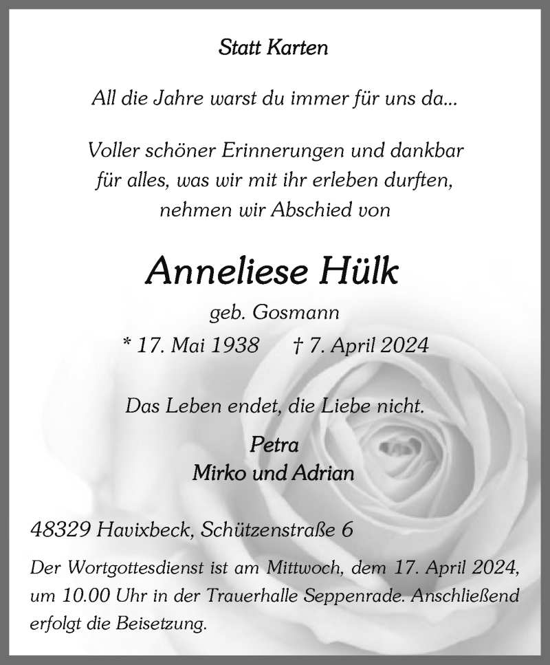  Traueranzeige für Anneliese Hülk vom 13.04.2024 aus 