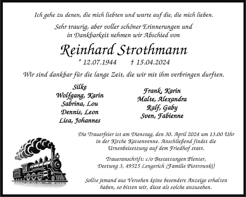  Traueranzeige für Reinhard Strothmann vom 27.04.2024 aus 