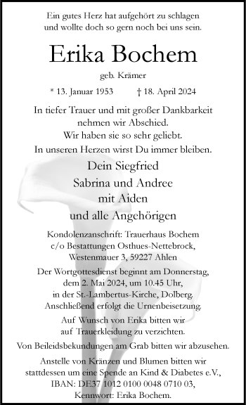 Anzeige von Erika Bochem 