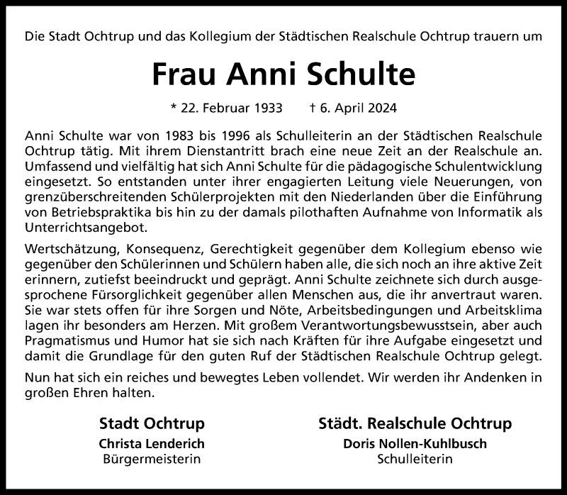  Traueranzeige für Anni Schulte vom 13.04.2024 aus 