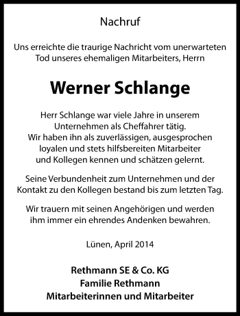 Anzeige von Werner Schlange 