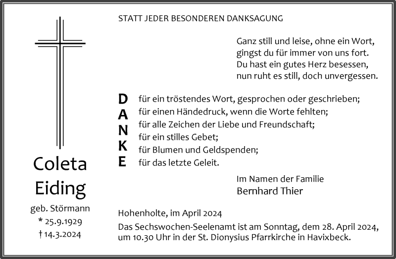 Traueranzeige für Coleta Eiding vom 20.04.2024 aus 