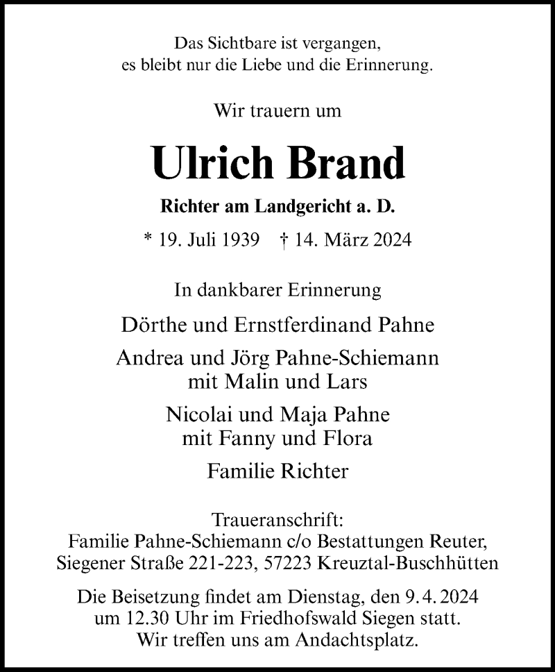  Traueranzeige für Ulrich Brand vom 29.03.2024 aus 