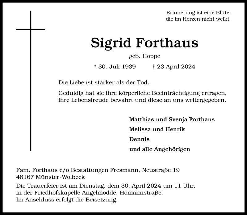  Traueranzeige für Sigrid Forthaus vom 27.04.2024 aus 