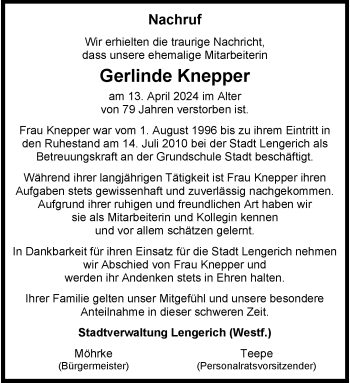 Anzeige von Gerlinde Knepper 