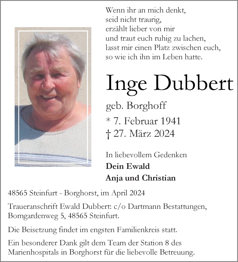  Traueranzeige für Inge Dubbert vom 10.04.2024 aus 