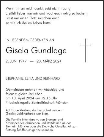 Anzeige von Gisela Gundlage 