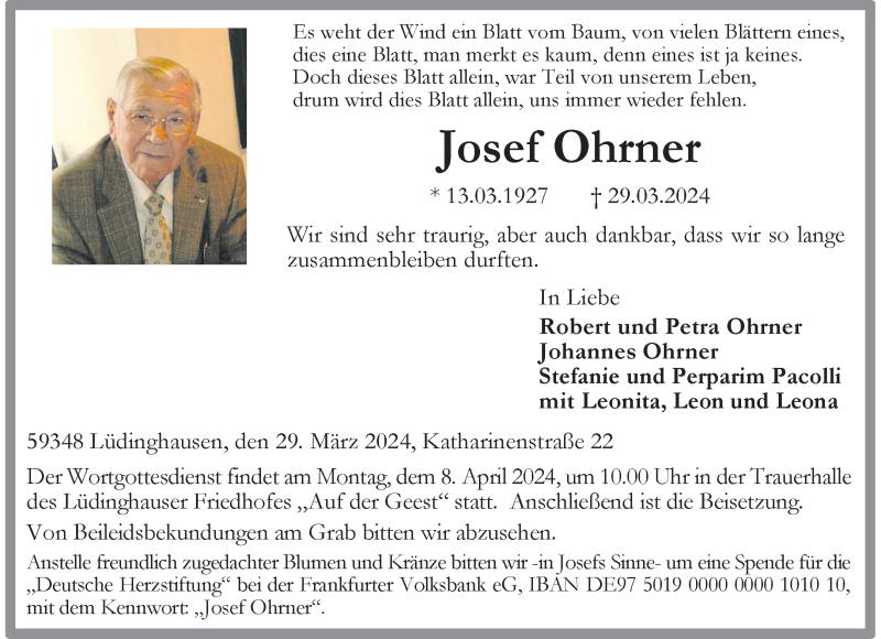  Traueranzeige für Josef Ohrner vom 03.04.2024 aus 