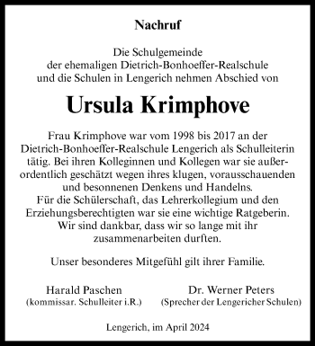 Anzeige von Ursula Krimphove 