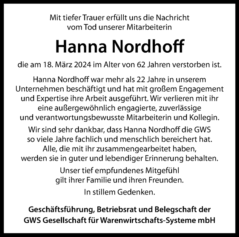  Traueranzeige für Hanna Nordhoff vom 06.04.2024 aus 