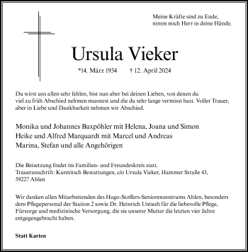 Anzeige von Ursula Vieker 