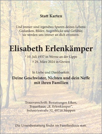Anzeige von Elisabeth Erlenkämper 