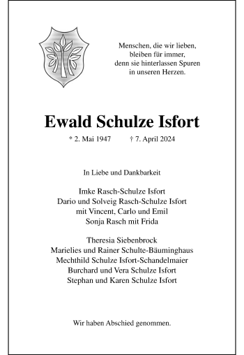 Anzeige von Ewald Schulze Isfort 