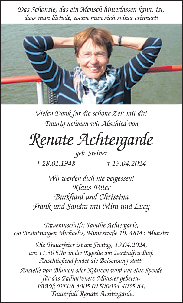 Traueranzeige für Renate Achtergarde vom 17.04.2024 aus 