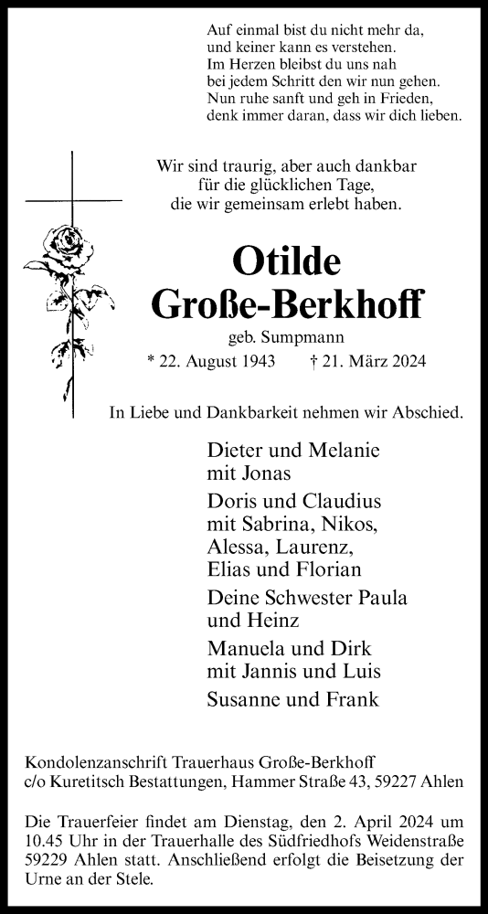  Traueranzeige für Otilde Große-Berkhoff vom 29.03.2024 aus 