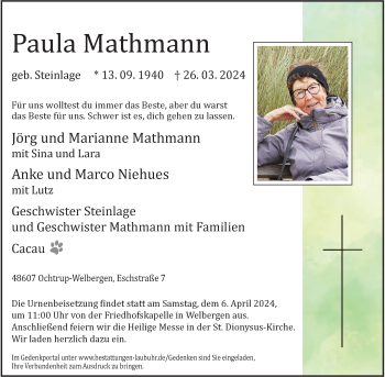 Anzeige von Paula Mathmann 