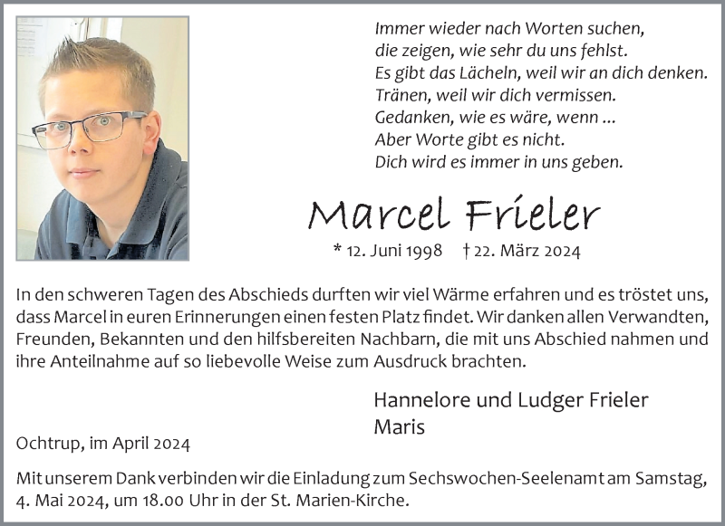  Traueranzeige für Marcel Frieler vom 30.04.2024 aus 