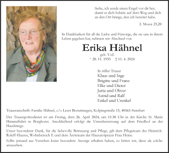 Anzeige von Erika Hähnel 
