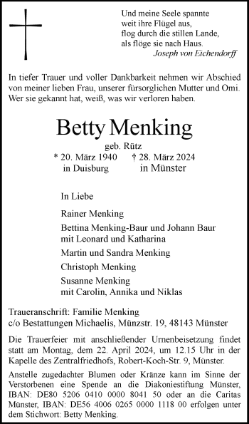 Anzeige von Betty Menking 