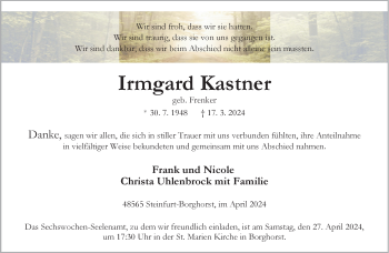 Anzeige von Irmgard Kastner 