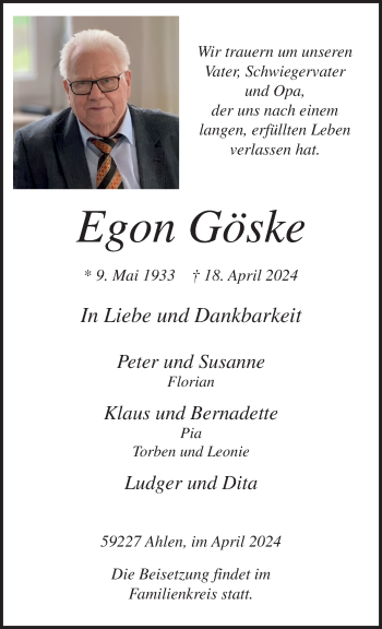 Anzeige von Egon Göske 