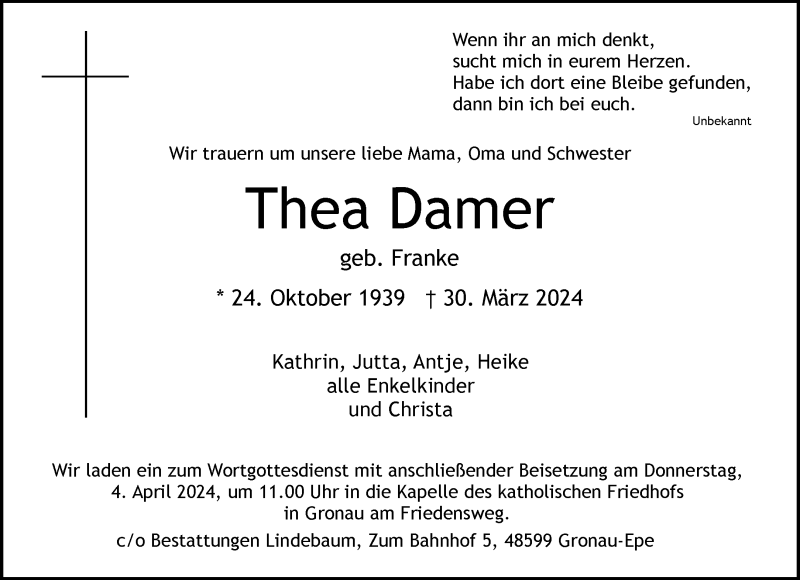  Traueranzeige für Thea Damer vom 03.04.2024 aus 