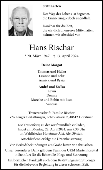 Anzeige von Hans Rischar 