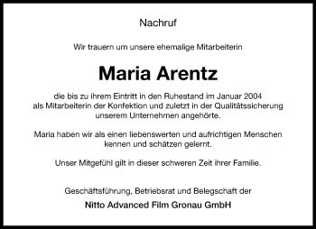 Anzeige von Maria Arentz 