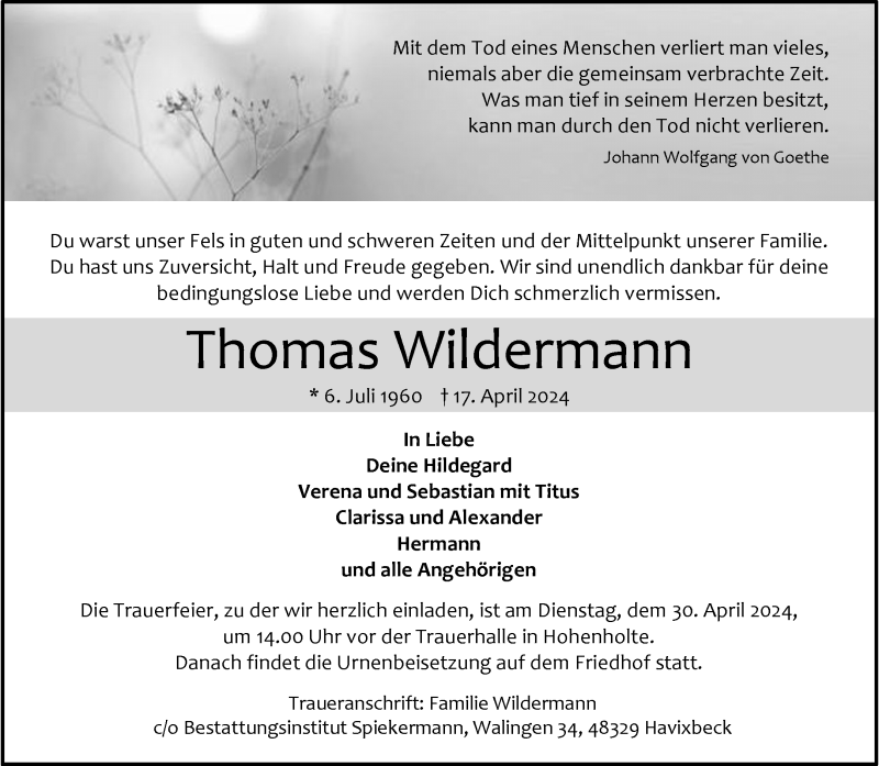  Traueranzeige für Thomas Wildermann vom 24.04.2024 aus 