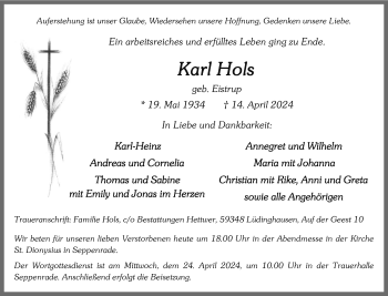 Anzeige von Karl Hols 