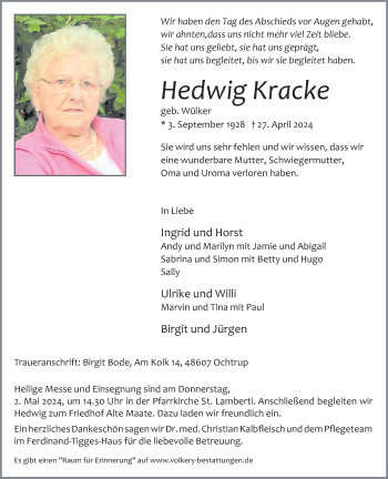 Anzeige von Hedwig Kracke 