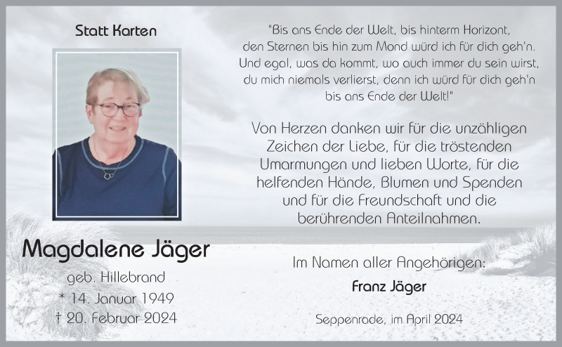  Traueranzeige für Magdalene Jäger vom 06.04.2024 aus 