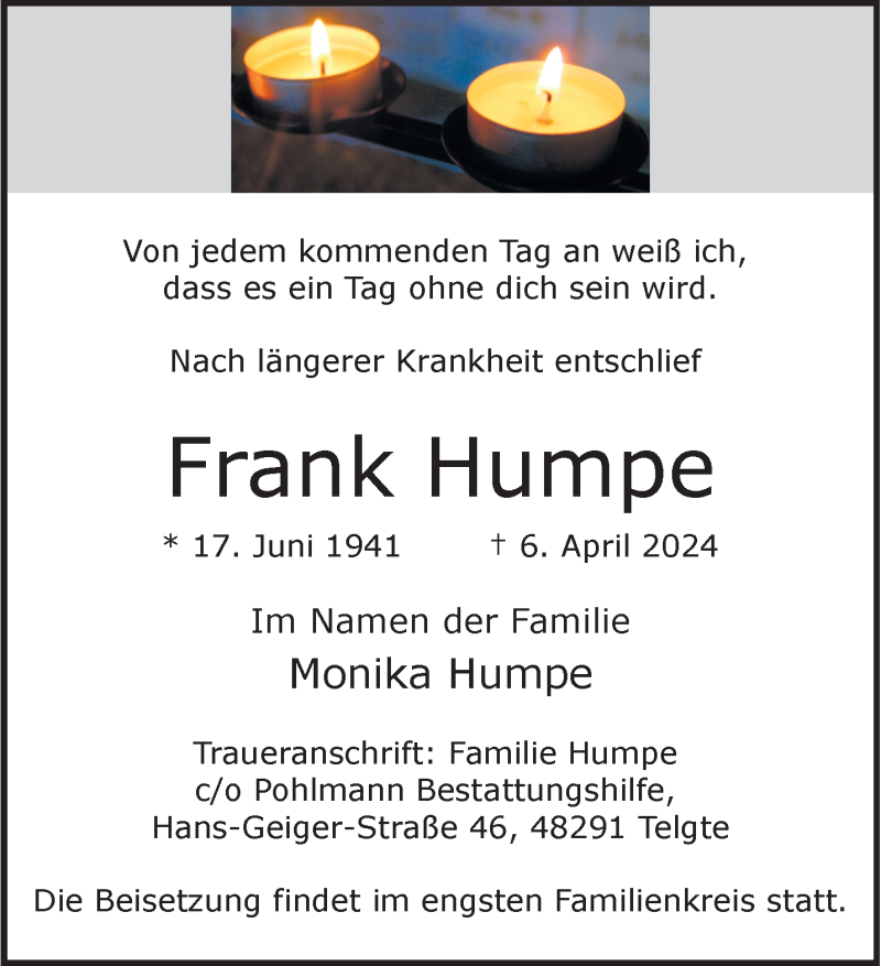  Traueranzeige für Frank Humpe vom 13.04.2024 aus 